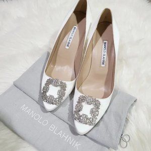 Manolo Blahnik Hangisi Crystal Buckle Pump White Size 40